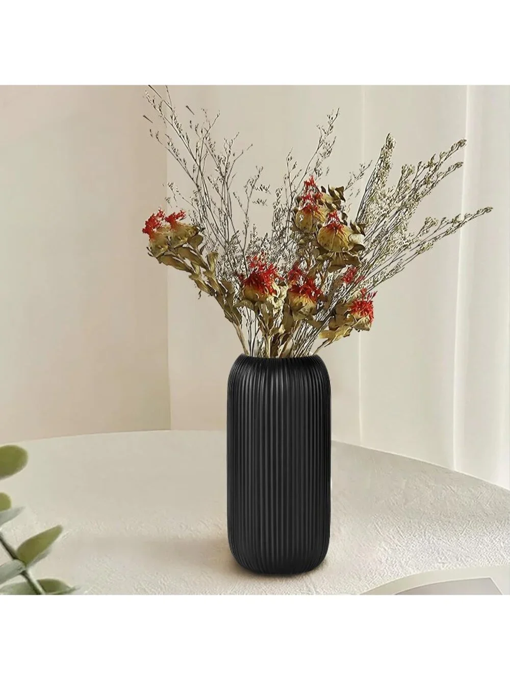 Modern Small Black Ceramic Vase Flowers Ribbed Textured Farmhouse Home Livings